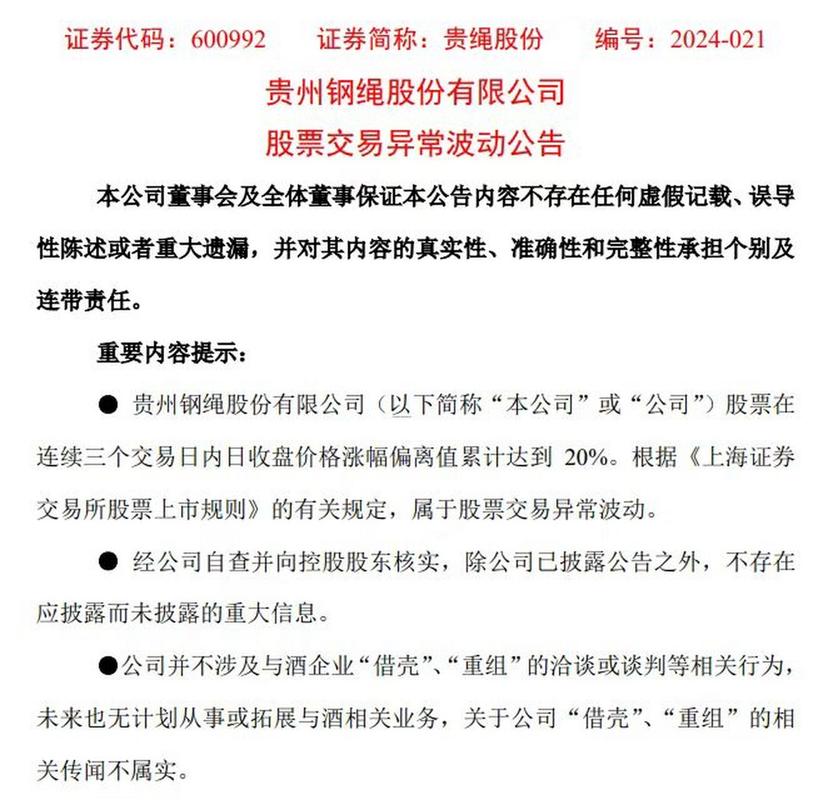 贵绳股份多次澄清酒企借壳传闻，股价涨停投资者热情不减