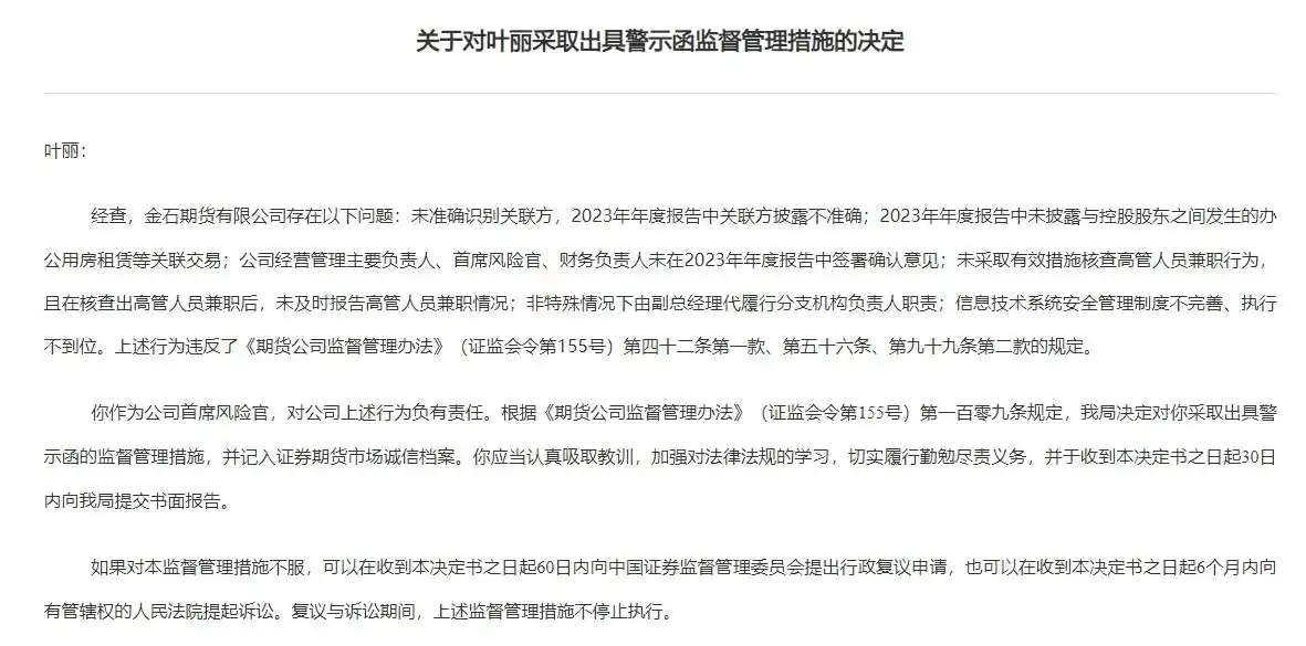 金石期货内控合规缺陷处罚_金石期货董事长吕廷华警示函_金石期货官网